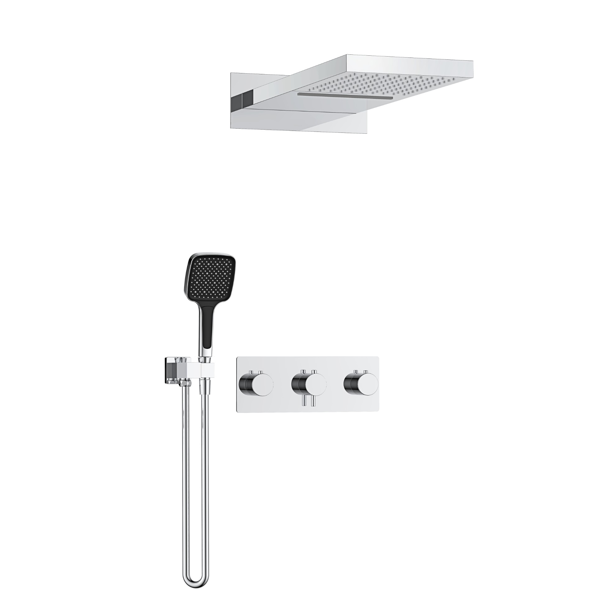 3功能恒温淋浴花洒 旋钮开关一体大面板 铬色